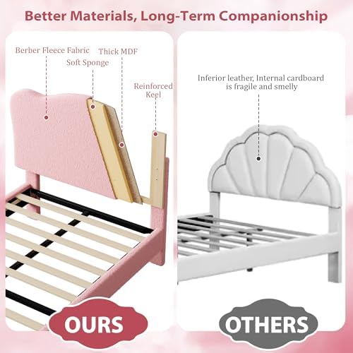 Garvee Upholstered Full Size Bed Frame for Kids with Scallop Headboard, Cute Velvet Full Bed for Girls, Boys, Sturdy Platform Bed, No Box Spring Needed, Wooden Slats, Noise Free, Pink