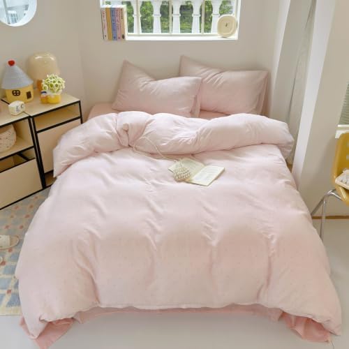 3 Pcs Pink Polka Dot Duvet Cover Queen, Cotton Double Gauze, Zipper & Ties