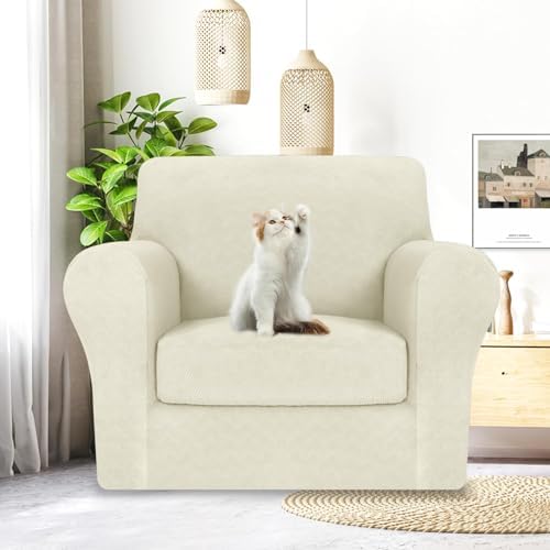 MAXIJIN 2 Piece Chair Covers Chair Slipcover with Arms, Sofa Chair Cover for Living Room Armchair Cover, Stretch Pet Dog Slip Cover for A Chair with 1 Cushion (31"-46", Beige)