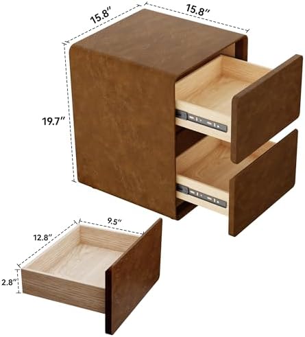 15.8" W Faux Leather Narrow Nightstand, Modern Fully-Assembled Bedside Table with 2 Drawers, Wood Night Stand Small Accent End Table & Side Table for Bedroom, Brown