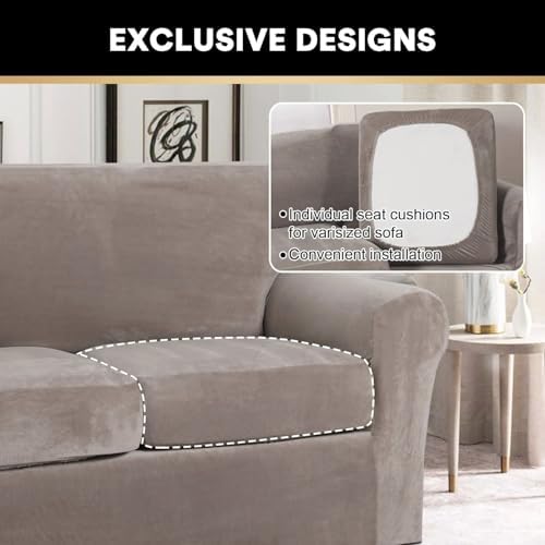 PrinceDeco Velvet XL Couch Cover for Oversized Sofa 4 Piece Sofa Covers for 3 Cushion Couch Washable Furniture Protector with Non Slip Elastic Bottom Width Up to 97 Inch(X-Large, Taupe)