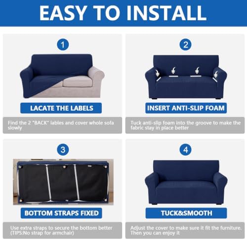 MAXIJIN Waterproof Loveseat Cover Couch Covers (55"-69"), Stretch Love Seat Sofa Slipcovers with Non Slip Elastic Bottom, Dog Pet Friendly Furniture Protector Washable (Medium, Navy Blue)
