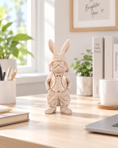 Aviator Rabbit Figurine, Pilot Bunny Sculpture, Resin Animal Decor for Desk