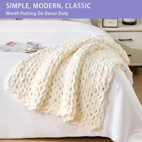 Bigacogo Chunky Knit Throw Blanket for Couch, 40x40 inches, Ivory