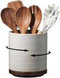 Utensil Holder, 360° Rotating Extra Large Ceramic Kitchen Utensil Holder for Countertop, 7.3“ Cooking Utensil Crocks for Kitchen Counter with Rotatable Wooden Base, Farmhouse Decor, Grey