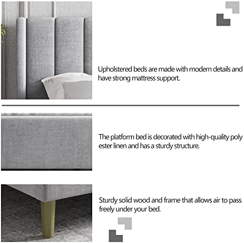 Queen Size Bed Frame with Linen Upholstered Headboard, Light Gray