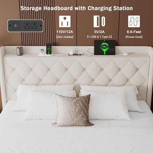GalnFu Full Size Bed Frame with Storage, Upholstered Full Lift up Storage Bed Frame with Charging Station, Button Tufted Headboard, No Box Spring Needed, Easy Assembly, Noise Free, Beige
