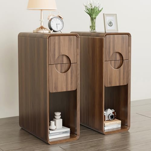 Narrow Walnut Nightstand Set of 2, Small Bedside Table with Circular Drawer, Skinny Side End Table, Wood Nightstand, Mid Century Modern Night Stand for Bedroom, Small Spaces, Slim, Vintage, Boho