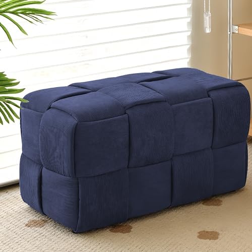 Cmishe 28" Rectangular Woven Corduroy Ottoman Footrest - Large Modern Entryway Bench & Bed End Stool, Sturdy Wood Frame, No Assembly (Blue-L)