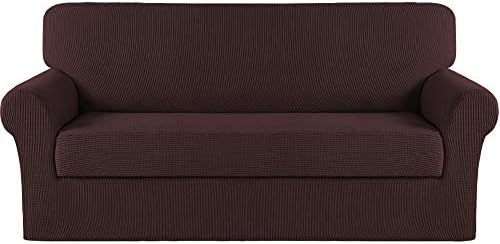 Turquoize Stretch Sofa Slipcover 2 Pieces Sofa Cover Couch Cover for 3 Cushion Couch Washable Furniture Protector Covers with Elastic Bottom Feature Thick Jacquard Fabric (Sofa, Brown)