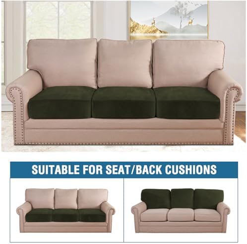 H.VERSAILTEX Velvet Stretch Couch Cushion Cover Plush Cushion Slipcover for Chair Loveseat Sofa Cushion Furniture Protector Seat Cushion Sofa Cover (3 Piece Sofa Cushion Covers, Olive)
