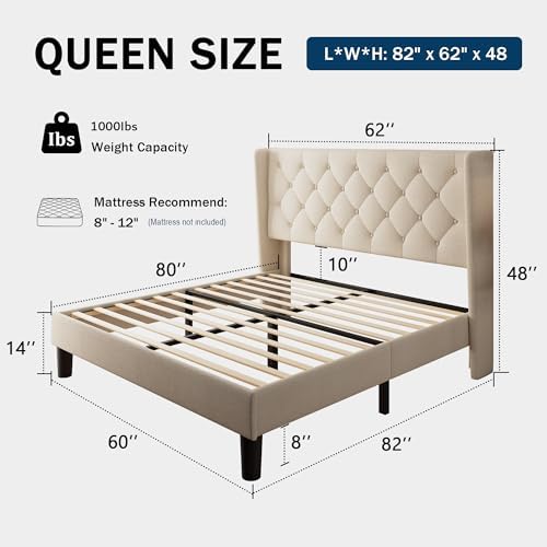 GalnFu Queen Size Bed Frame with Button Tufted Upholstered Headboard, Platform Bed Frame w/Sturdy Base Supports, Noise Free, No Box Spring Needed, Easy Assembly, Beige