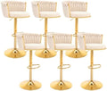 Gold Bar Stools Set of 6, Modern Adjustable Bar Height Barstools, Velvet Swivel Bar Chairs with Woven Backrest, Metal Footrest & Base, Upholstered Counter Stools for Kitchen Island, Beige