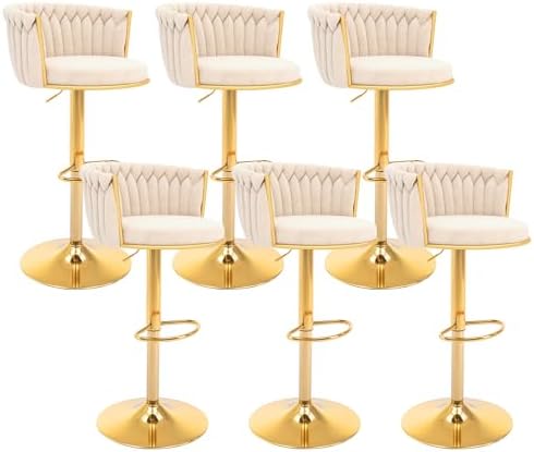 Gold Bar Stools Set of 6, Modern Adjustable Bar Height Barstools, Velvet Swivel Bar Chairs with Woven Backrest, Metal Footrest & Base, Upholstered Counter Stools for Kitchen Island, Beige