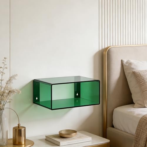 Acrylic Wall-Mounted Nightstand Floating Wall Nightstand Bedside Table Floating Side Table Wall Mounted Clear Shelf for Bedroom Bathroom (Green)