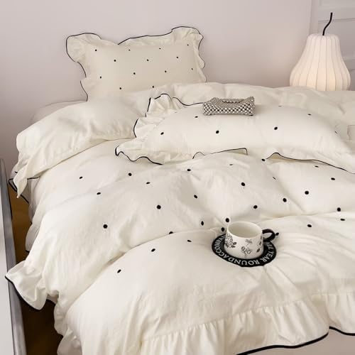 Duvet Cover Full Size Beige Black Polka Dot,1 Duvet Cover with 2 Pillowcases,Cute Ruffled Comforter Cover for Teen Girls,3 Pcs Embroidery Aesthetic Coquette Bedding Set 80"×90"