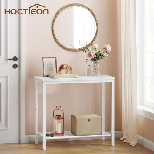 Hoctieon 2 Tier End Table, Sofa Side Table, Narrow Side Table with Storage, Slim Nightstand for Small Spaces, Metal Frame, for Living Room, Bedroom, Sofa Couch, Hall, White