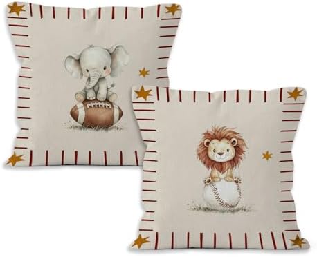 Sports Animal Nursery Throw Pillow Cover 18x18, Lion Elephant Decorative Pillow Covers for Kids Toddler Boy Nursery Room Bedroom Playroom, Kids Playroom Accent Pillows Cover Pillowcases, Set of 2