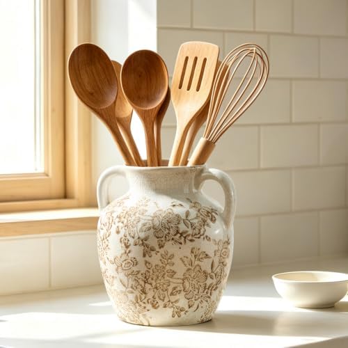 Ceramic Vintage Vase, Utensil Holder, Flower Decorative Vase with Handles, Chinoiserie Decor Rustic Farmhouse Retro Floral Vases for Table Bookshelf Mantel Kitchen Living Room Office - 6.7” Brown 018