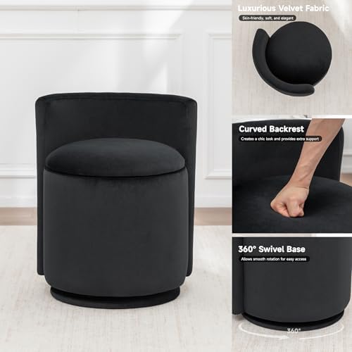 MINCETA Vanity Chair with Storage, 360° Swivel Accent Chair, Deep Black