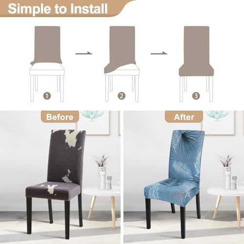 SearchI Summer Pattern Dining Room Chair Covers Set of 6, Stretch Printed Parsons Chair Slipcovers Spandex Removable Washable Kitchen Chair Protector Cover for Dining Room, Hotel, Ceremony (Blue)