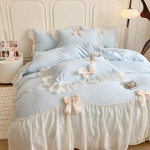 SOUKECHY Girls Lace Bedding,Full Comforter Cover Set, Chic Ruffled Duvet Cover with Lovely Bow,Princess Style 1 Duvet Cover with 2 Pillowcases, No Comforter-Blue,Full Size