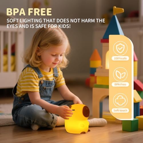 Capybara Night Light for Kids, Cute Squishy Silicone Capybara Lamp, 50-Hour Rechargeable Bedside Light with Tap Control, 2 Brightness Levels, 30-Min Auto-Off Timer, Nursery Room Decor Gift