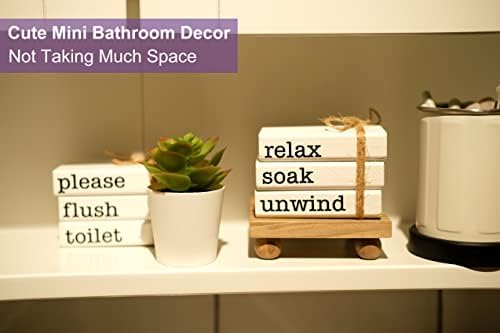 Farmhouse Mini Bookstack for Bathroom Decor Wooden Books for Restroom Shelf Decorative Accent for Guest Bathroom Sign, 2 Signs in 1 Reversible - Wash Your Hands/Relax Soak Unwind