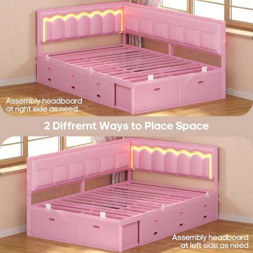 ADORNEVE Full Corner Bed Frame with 8 Storage Drawers and LED Lights, Pink
