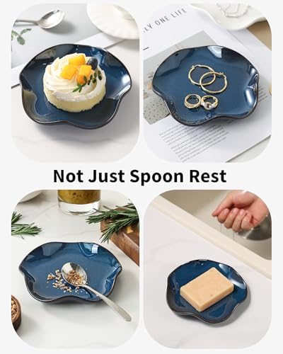 ABRUTY Spoon Rest for Stove Top, Ceramic Spoon Holder for Counter, Modern Farmhouse Decor Accessories for Spatula, Spoons or Tongs, Flower Shape, Flambe Blue