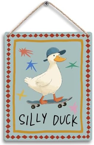 FUGWN Funny Duck Nursery Hanging Wooden Signs 8x10, Silly Duck Farm Animal Nursery Wall Decor Wood Plaque Hanging Decorations for Kids Toddler Boys Girls Room Bedroom Playroom Door Decor