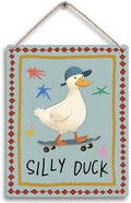FUGWN Funny Duck Nursery Hanging Wooden Signs 8x10, Silly Duck Farm Animal Nursery Wall Decor Wood Plaque Hanging Decorations for Kids Toddler Boys Girls Room Bedroom Playroom Door Decor