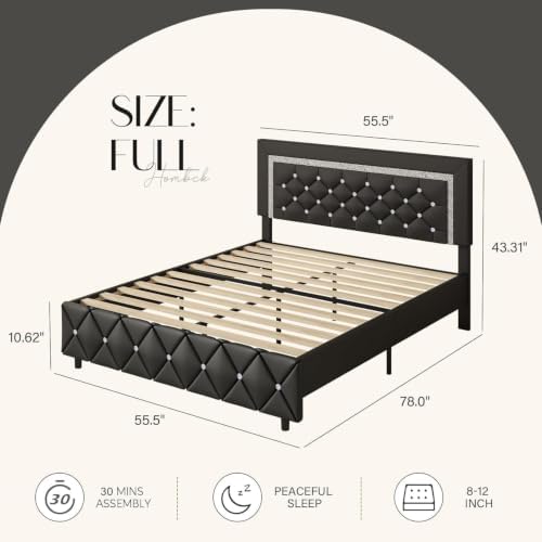 HOMBCK Full Size Bed Frame, Upholstered Platform Bed with Headboard, Black
