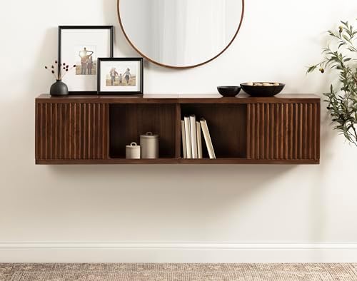 Kate and Laurel Furrow Modern Wooden Sliding Ribbed Door Wall Cabinet; 30 x 10 x 14; Black; Decorative Storage Cabinet with Sliding Door for Use as Floating Nightstand or Floating TV Shelf