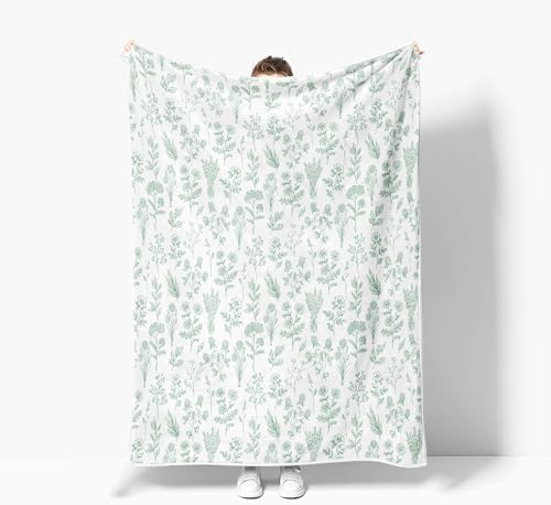 Floral Fuzzy Blanket Green Floral Throw Blanket, Botanical Flowers Blankets, Soft, Flannel, Warm, Boho Flowers Bed Blankets All Season for Couch Bedroom Living Room 60X80 Inch