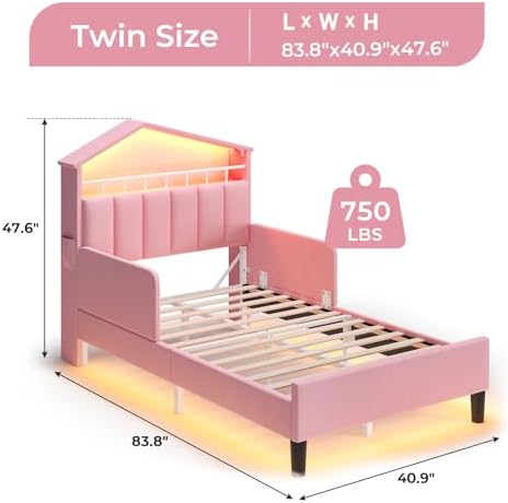 ADORNEVE Girls Twin Bed with Safety Guardrail,Pink