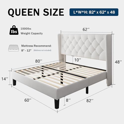 GalnFu Queen Size Bed Frame with Button Tufted Headboard, Upholstered Platform Bed Frame with UnderBed Storage, Wooden Slats Supports, Noise Free, No Box Spring Needed, Easy Assembly, White