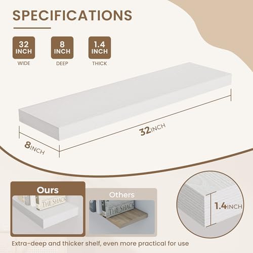 Dreamland 32 Inches Wall Mounted Wood Floating Shelves, White, 2 Pack