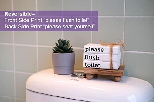 Farmhouse Mini Bathroom Sign Decor Funny Wooden Book Stack for Bathroom Tray Decor Bathroom Shelf Sitter 2 Signs in 1 Reversible Mini Book Set of 3 for Restroom Wooden Rustic Sign