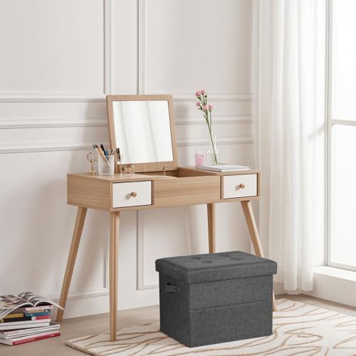 Bsketa Storage Ottoman Bench,17" Folding Linen Foot Rest Stool,Dark Gray