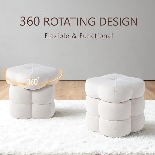 Get Set Style 360° Swivel Flower Ottoman, Linen Vanity Stool Footrest with 300LBS Capacity, No Assembly Small Space Accent Chair for Living Room Bedroom Entryway (Warm Ivory)