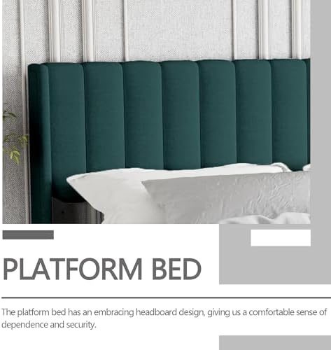 Full Size Bed Frame with Velvet Upholstered Headboard, Green