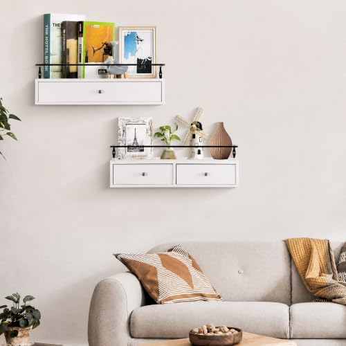 Floating Shelves With Drawers Set of 2, Wall Mounted Storage for Bathroom
