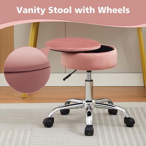 Adjustable Vanity Stool Storage Swivel Rolling Vanity Chair with Wheels