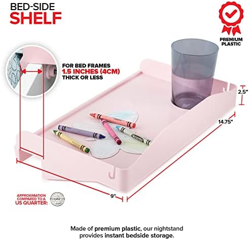 Modern Innovations Bedside Shelf for Bed, College Dorm Room, Bunk Bed Shelf for Top Bunk, Clip On Nightstand, Baby Changing Table Tray, Cup Holder for Kids, Bunkbed Caddy for Table Storage (Pink)