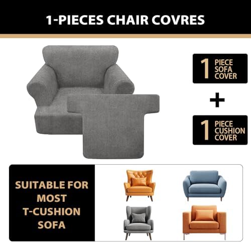 Sofa Cover 2 Pieces T Cushion Chair Covers with Arms Super Stretch Chair Slipcover for Living Room,Slip Cover Anti Slip Armchair Furniture Protector Pet Universal(Light Gray, 1 Cushion)