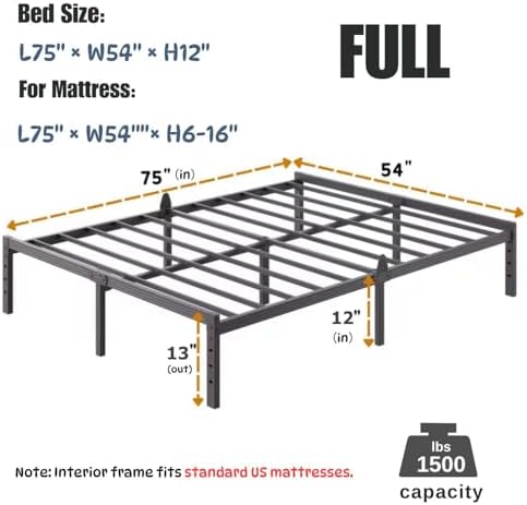 12 Inch Full Metal Platform Bed Frame, Mattress Anti-Slip Design