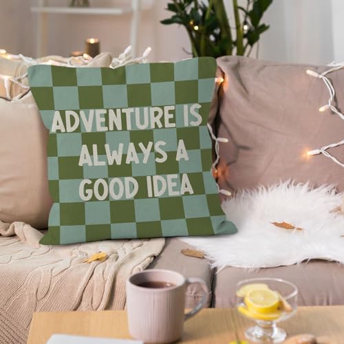 Adventure Nursery Throw Pillow Cover 18x18, Green Checkered Boy Nursery Decorative Pillow Covers for Kids Toddler Little Boys Room Bedroom Playroom, Playroom Accent Pillows Cover Pillowcases