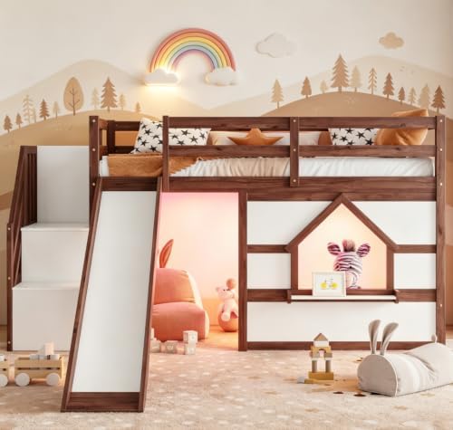 Bellemave Twin Low loft/bunk Bed with Slide and Storage Staircase LED for Kids,Wood Loft Beds,Walnut+White