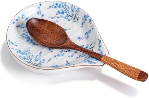 Ceramic Spoon Rest for Stove Top, 5 inch Gold Trim Spoon Holder for Kitchen Counter, Farmhouse Cooking Utensil Holder for Spoons, Ladles, Spatula, Blue Blossom